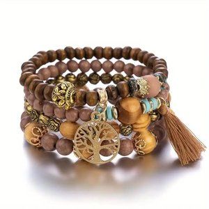 4 Piece Wood Beaded Tree of Life Boho Charm Bracelet